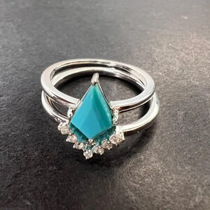 NEW TURQUOISE and ZIRCON RHODIUM OVER SILVER SET OF 2 RINGS size 7